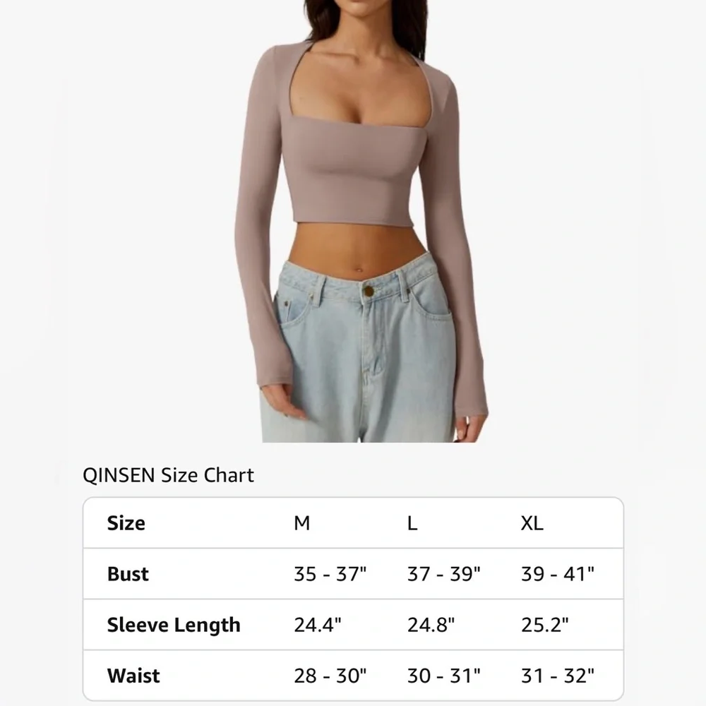 QINSEN Square Neck Long Sleeve Slim Fit Crop Top Cropped T Shirts Size L